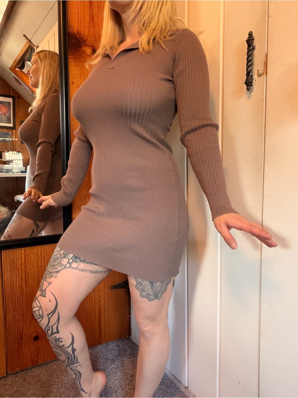 Love Tree Ribbed Long-Sleeve Polo Mini Dress in Taupe